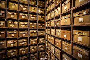 Cluttered storage room with boxes and drawers. photo