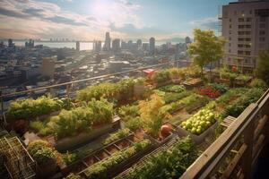 Stunning rooftop garden with a breathtaking view of the city skyline. Urban agricultural concept. Generative AI photo