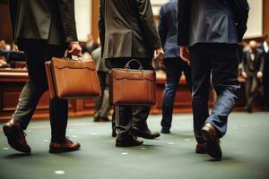 Group of lawyers walking across a courthouse hallway holding briefcases. Generative AI photo