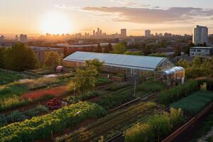 Urban vegetable garden with a stunning cityscape in the background. Urban agricultural concept. Generative AI photo