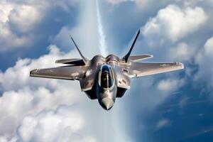 Fighter jet soaring through a vibrant, cloudy sky. photo