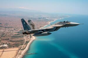 Fighter jet soaring over the ocean with a stunning cityscape in the backdrop. photo