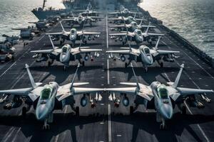 Imposing aircraft carrier navigating through the ocean. photo