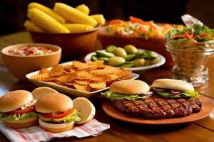 Delicious and inviting spread of food on a rustic wooden table. Generative AI photo