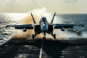 Fighter jet launching from an aircraft carrier at sea. Generative AI photo