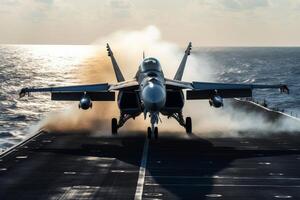 Fighter jet launching from an aircraft carrier at sea. photo