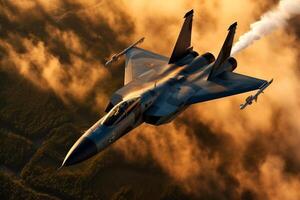 Fighter jet soaring through a dramatic cloudy sky. photo