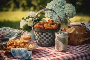 Delicious fried food spread on a rustic picnic table. Generative AI photo