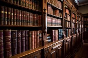 Wooden bookshelf filled with books arranged in a neat row. Generative AI photo