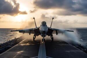 Fighter jet landing on the deck of an aircraft carrier at sea. photo