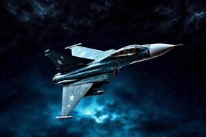 Fighter jet soaring through the clouds in the sky in night. photo