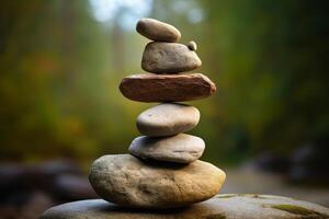 Balanced rock tower standing on a rocky terrain. photo