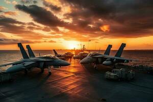 Fighter jets parked on an aircraft carrier deck. Generative AI photo