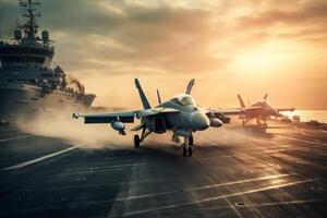 Fighter jet parked on the deck of an aircraft carrier. Generative AI photo