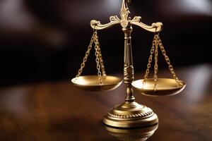 Golden balance scale on a wooden table, symbolizing justice and equality. photo