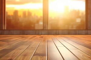 minimalista de madera piso con un natural ligero ventana en el antecedentes. generativo ai foto