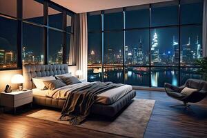 Night scene of Modern contemporary style interior bedroom design with city view, decorate with comfortable bed, lamp, pillows, table, and cold tone background, with Generative Ai. photo