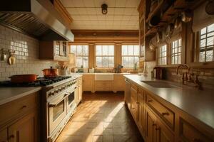 Classic old vintage interior kitchen room with minimal cozy tone style, decorate with counter table. chairs and warm tone background, with Generative Ai. photo