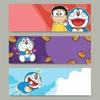 Happy Blue Cat with Friend and Dorayaki Banners vector