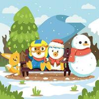 Happy Snowy Animal Friends Sitting With Snowman vector