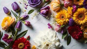 Flowers composition on white marble background. Flat lay, top view. generative ai photo