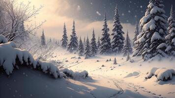 congelado invierno bosque con nieve cubierto arboles generativo ai foto