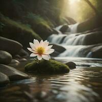 Beautiful white lotus flower with waterfall background, Thailand. generative ai photo