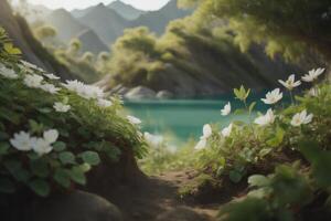 hermosa primavera paisaje en el montañas. lago y blanco flores generativo ai foto