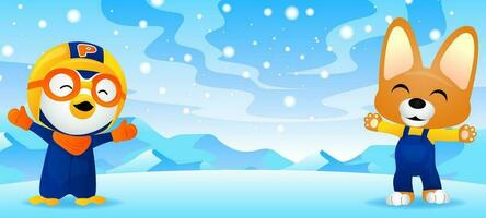 linda pequeño pingüino y linda zorro en el nieve vector