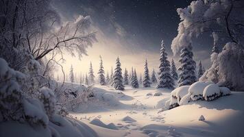 congelado invierno bosque con nieve cubierto arboles a noche. generativo ai foto