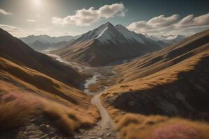 Mountain landscape with a river in the foreground. photo
