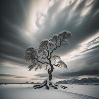 Winter landscape with frozen lake and snowy tree. Dramatic sky. generative ai photo