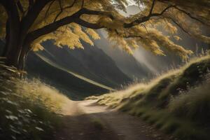 Dirt road in the mountains with trees and fog in the background. photo