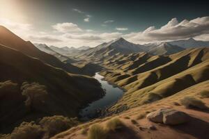 montaña paisaje con río y nubes generativo ai foto