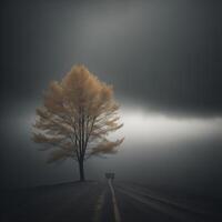 Lonely tree in the middle of a foggy road. photo