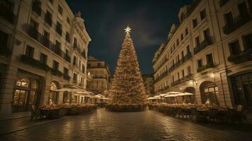 Christmas tree in the city center of Paris, France. Long exposure. generative ai photo