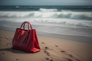 Red leather bag on the beach with sea in the background. Selective focus. photo