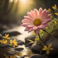 pink daisy flower in a pond with sunlight, vintage tone. photo