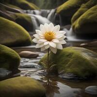 Beautiful white lotus flower on a rock in the water. photo