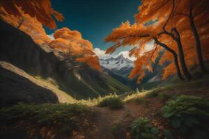 Fantasy landscape with autumn trees and mountains. photo