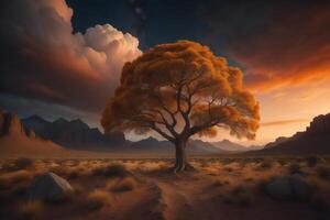 Fantasy landscape with a tree in the desert. photo