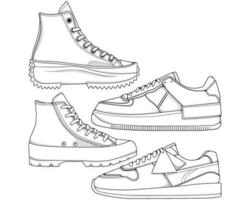 conjunto de Zapatos zapatilla de deporte contorno dibujo vector, zapatillas dibujado en un bosquejo estilo, empaquetar zapatillas entrenadores modelo describir, vector ilustración.