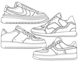 conjunto de Zapatos zapatilla de deporte contorno dibujo vector, zapatillas dibujado en un bosquejo estilo, empaquetar zapatillas entrenadores modelo describir, vector ilustración.