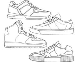 Set of shoes sneaker outline drawing vector, Sneakers drawn in a sketch style, bundling sneakers trainers template outline, vector Illustration.