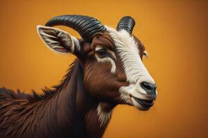 Portrait of a goat with big horns on a yellow background. photo