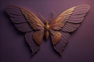 un mariposa con dorado alas en un púrpura antecedentes. generativo ai foto