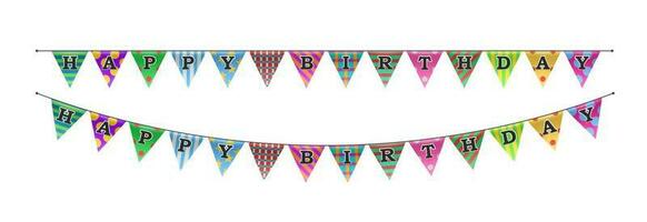 Triangle Bunting Flags With Happy Birthday Text, Vector Illustration