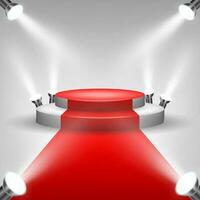 Red Carpet To Podium Stage with Spotlights, Vector Illustration