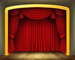 rojo cortina de clásico teatro con madera piso, vector ilustración