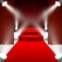 Red Carpet To Podium Stage with Spotlights and Red Curtain, Vector Illustration